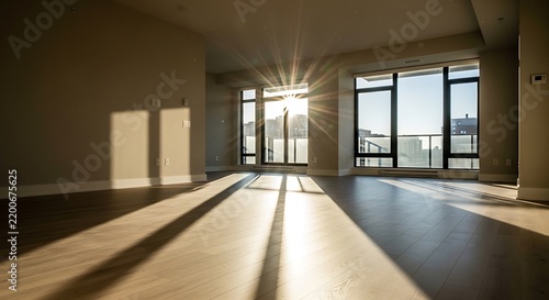Sunlit Empty Modern Apartment Interior with Large Windows.