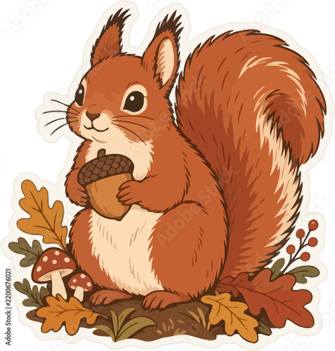 Cute red squirrel holding an acorn sticker autumn vector