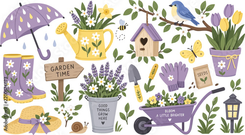 Spring garden vector elements collection with flowers and tools