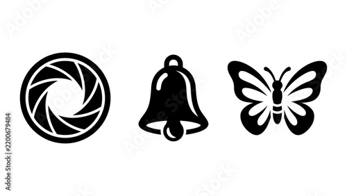 Graphic icon collection featuring camera shutter diaphragm notification bell butterfly insect lens aperture alert bell aperture