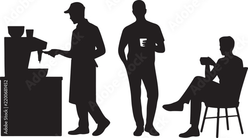 Coffee shop silhouettes depict barista customer and person with beverage
