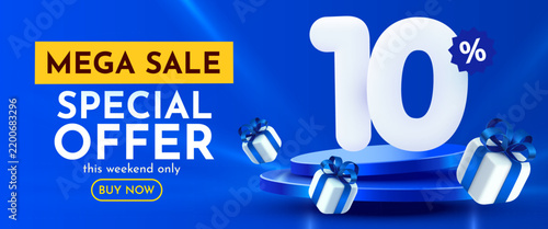 Mega sale banner with 10 percent discount and gift boxes on a blue background. Vector illustration