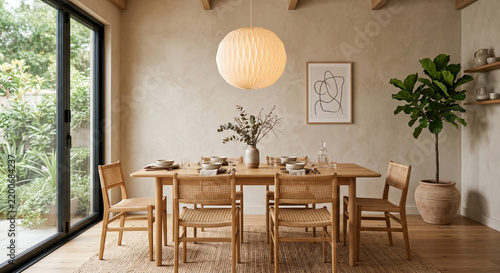 Elegant Japandi Style Dining Room Interior featuring Wooden Table and Minimalist Pendant Lights