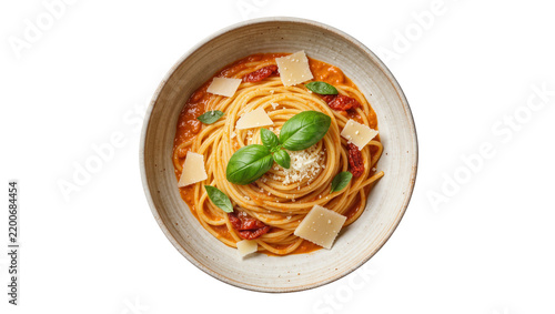 Delicious spaghetti with tomato sauce parmesan cheese and basil, isolated on transparent background