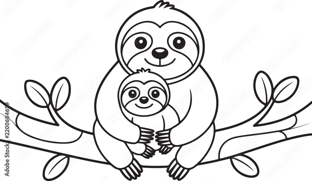 Obraz premium Sloth and baby on a branch black and white vector illustration