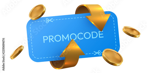 Promocode banner with gold coins and arrows.