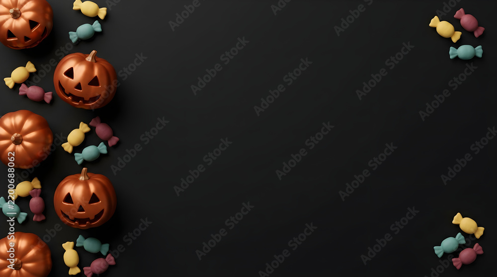 Fototapeta premium Colorful 3D jack-o'-lanterns with flying ghosts and bats on dark background.