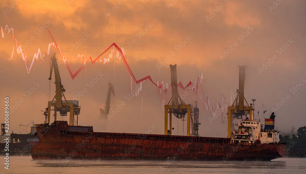Fototapeta premium A cargo ship at a foggy port, no people. A red stock market chart overlays the scene, symbolizing economic instability and volatile global trade. A dramatic metaphor for shipping industry crisis.