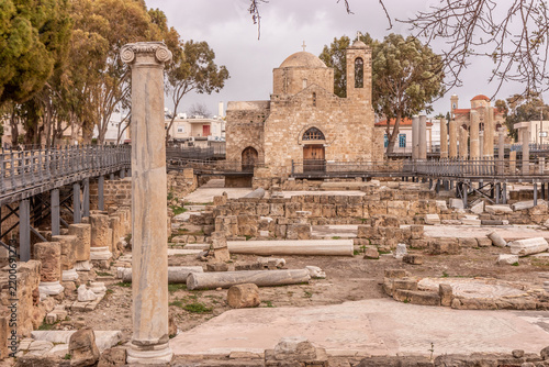Panagia Chrysopolitissa Church behind Colonnaded Atrium ruins in Paphos, Cyprus