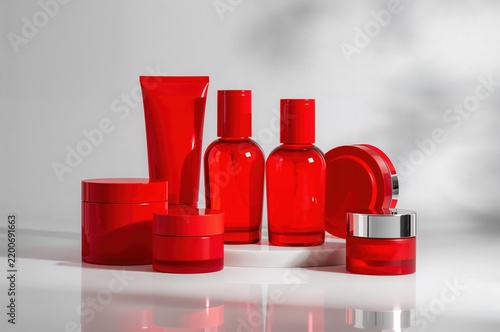 Red cosmetic packaging set on white background with luxury product branding style