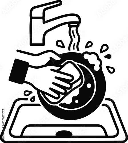 Hand Washing Dishes at Sink Icon Illustration