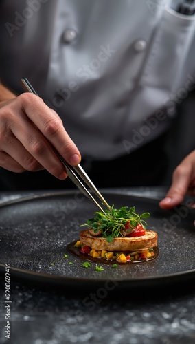 Professional chef plating gourmet dish with tweezers microgreens in fine dining restaurant