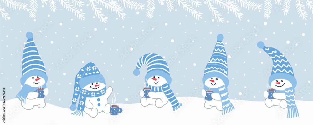 Obraz premium Baby Snowmen Have Fun in Winter Holidays. Seamless Border. Christmas Background. Cute Snowmen in Blue Winter Hats, Scarves. Winter Characters with Hot Cocoa Cups. Greeting Card Template. Vector 
