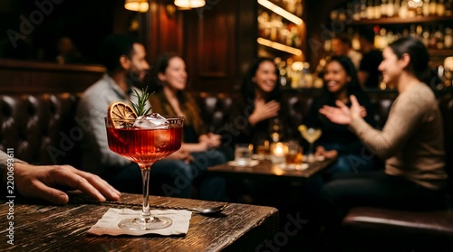 Red cocktail in coupe glass on bar table with blurred guests in lounge