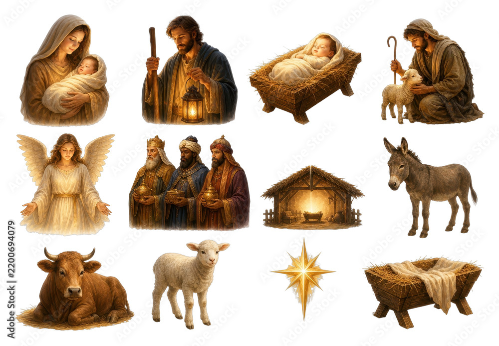 Fototapeta premium PNG Nativity scene illustration with holy family, animals, star