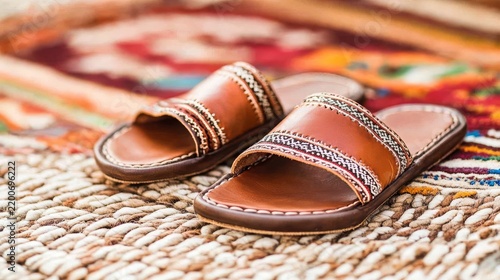 Authentic Moroccan Detail Featuring Moroccan leather sandals on woven Berber rug natural styling