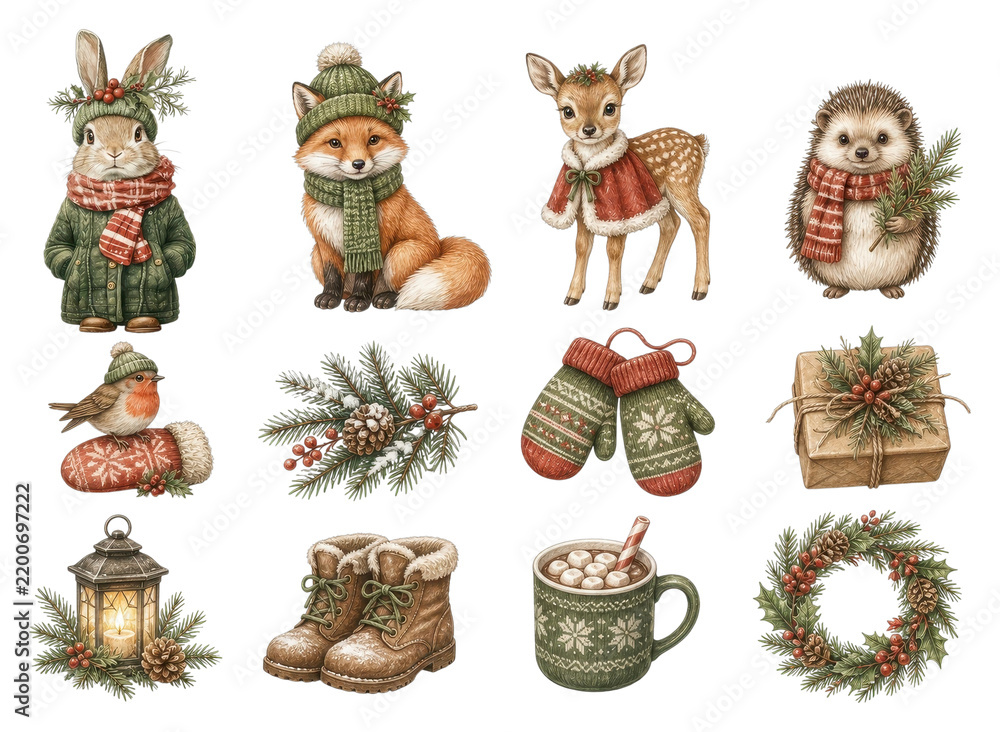 Obraz premium PNG Cozy winter woodland animals and festive holiday decor set