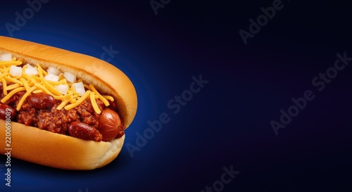 Delicious chili cheese hot dog on bun with vibrant toppings against dark background