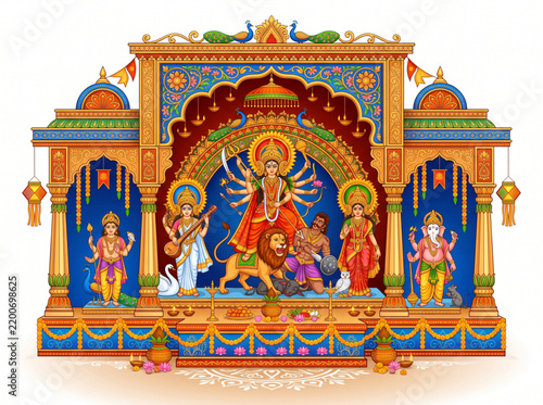 Hindu deities in ornate temple shrine vector illustration