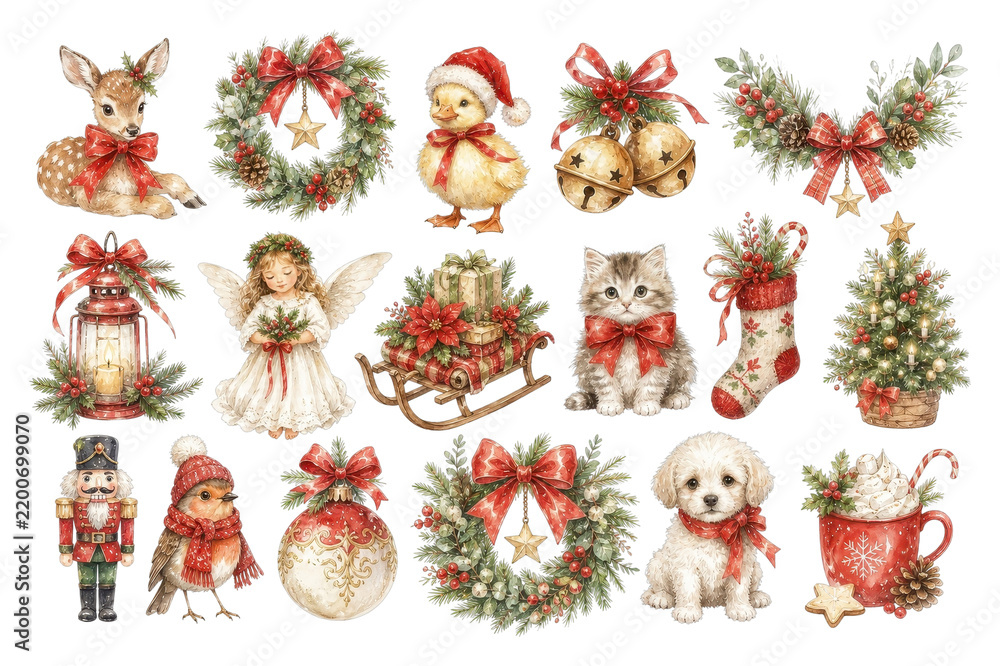 Obraz premium PNG Christmas watercolor clipart set with wreaths, animals, ornaments