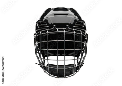 Black ice hockey helmet with protective metal face cage isolated on transparent background