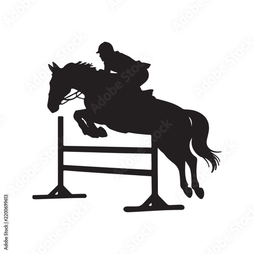 Equestrian Show Jumping Silhouette, Horse and Rider Jumping Over Obstacle Vector