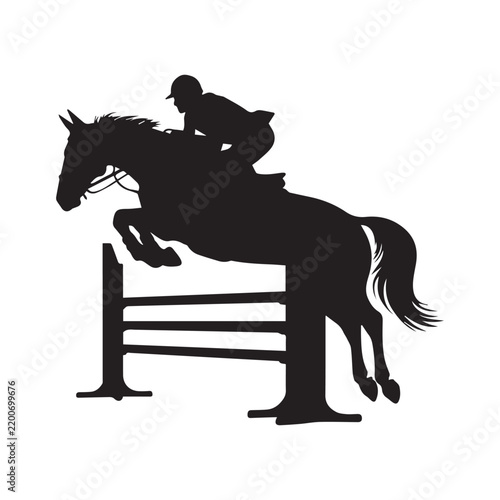 Equestrian Show Jumping Silhouette, Horse and Rider Jumping Over Obstacle Vector