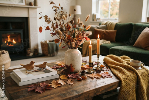 Cozy autumn living room interior decorated with warm textiles and candles.