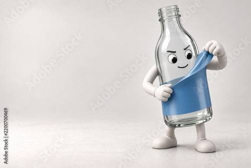 Animated glass bottle character peels off its blue label. Space for text.
