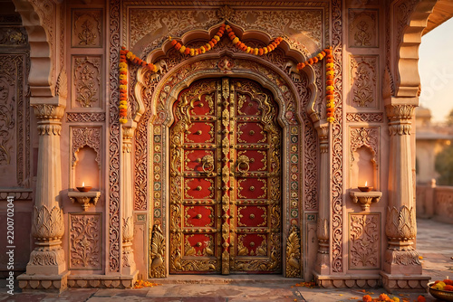 Ornate Red and Gold Palace Doorway with Marigold Toran and Carved Sandston