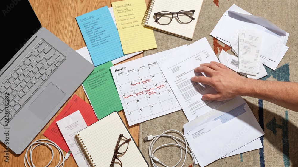 Obraz premium Overhead View of Home Office Paper Chaos Highlighting Mental Overload