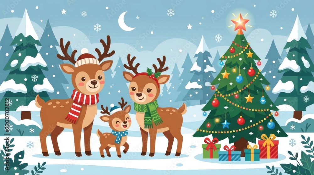 Fototapeta premium Cute reindeer family with Christmas tree and gifts in snowy winter forest night scene reindeer chris
