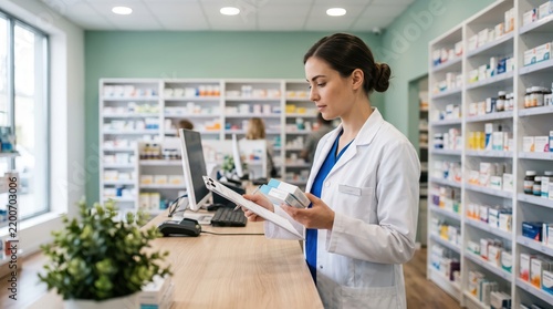 Professional pharmacist holding medication boxes and clipboard in a modern pharmacy with shelves of medicine in the background
