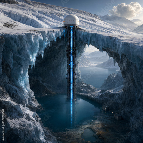 Futuristic research station on glacier with drilling shaft descending through ice cave to underground lake, polar exploration and climate research concept