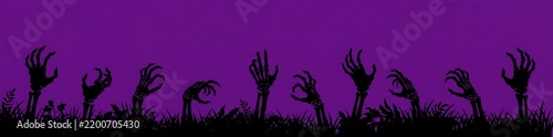 Spooky hands of the undead emerge from a dark, grassy ground against a vibrant purple sky, evoking a sense of eerie mystery and horror for a Halloween theme.