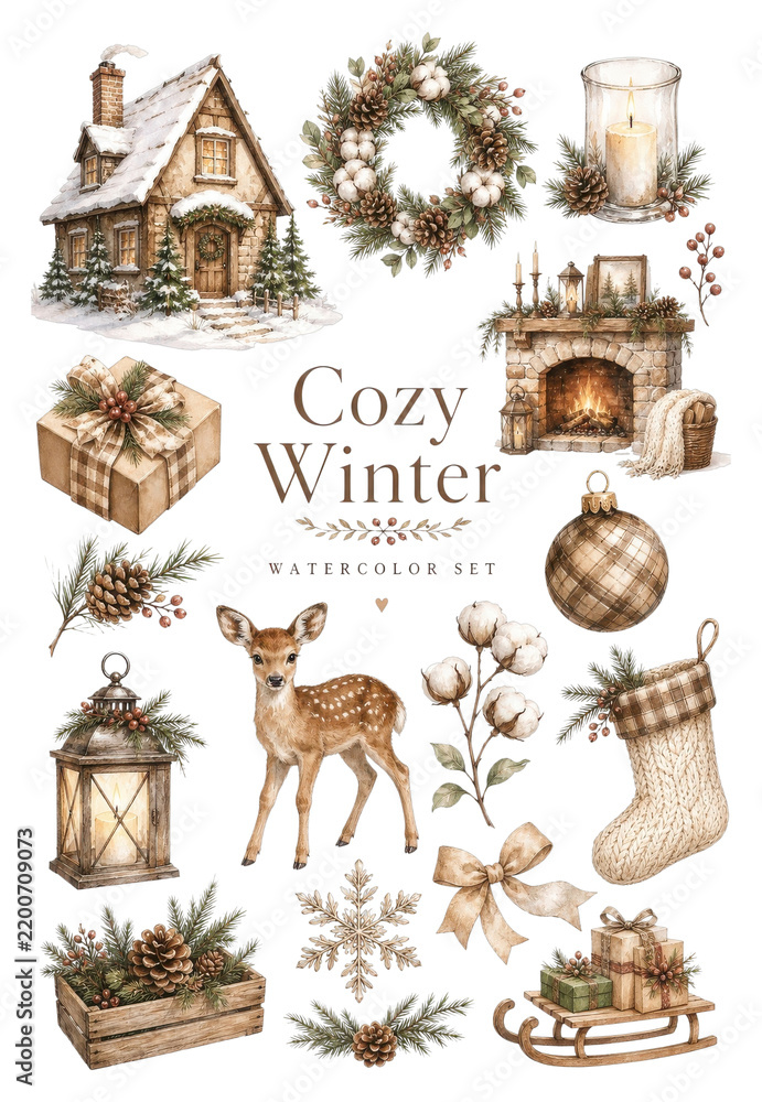 Obraz premium Cozy winter holiday PNG collage with rustic cabin wreath deer lanterns transparent background