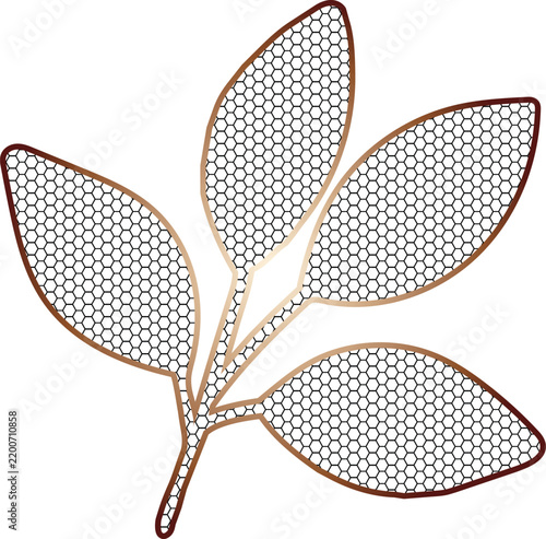 A minimalist botanical branch with four outlined leaves features a warm brown and beige gradient line design