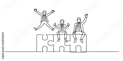 Happy business team sitting on puzzle pieces in continuous line drawing