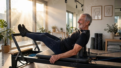 
An older adult performing control and strengthening exercises on a Pilates Reformer machine.