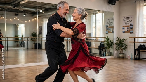 Elderly couple dancing tango in a dance studio.