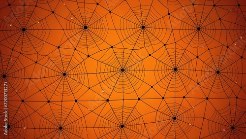 Intricate black spider webs arranged in a repeating pattern across a vivid orange background creating a spooky and seasonal texture perfect for creative holiday designs