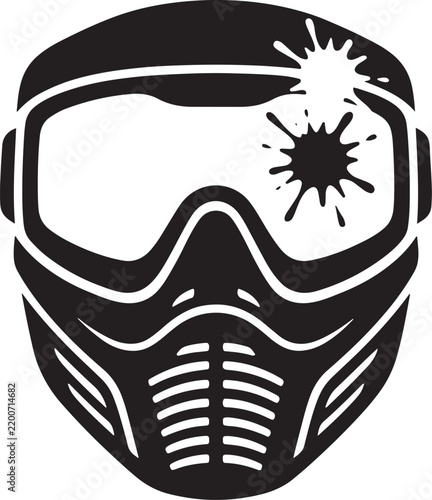 Black and white icon of a paintball mask with a paint splatter on the lens, front view of protective sports headgear with ventilation slits also transparent background