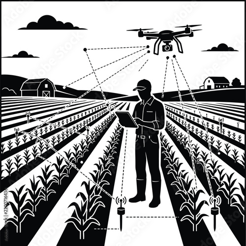 Farmer using drone and sensors to monitor crops in a field