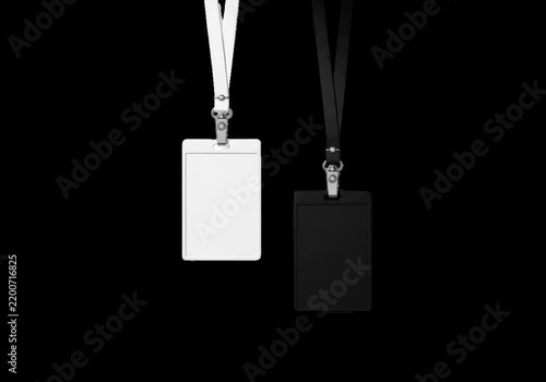 Blank black and white id badge holders with lanyards isolated on transparent background