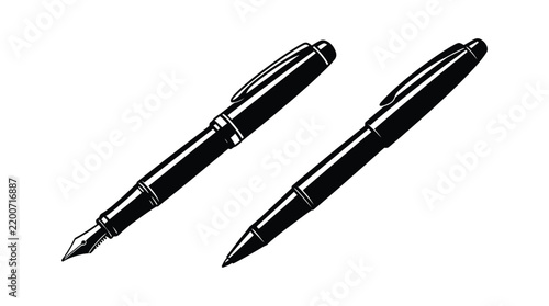 Fountain pen and ballpoint pen black silhouette on white background