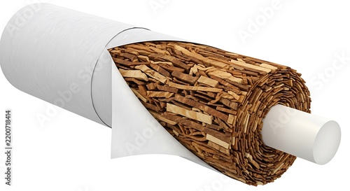 Close-up of a wood sample with bark attached on a white background