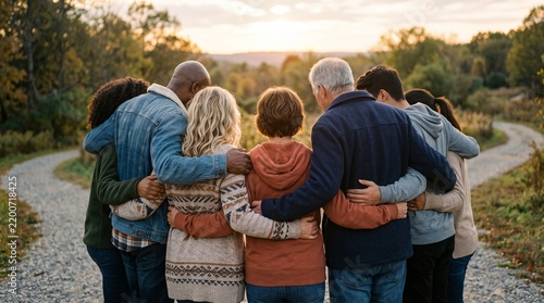 Diverse group of friends standing with arms around each other on a rural path at sunset