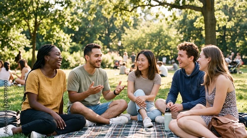 Diverse group of young friends sitting on a picnic blanket in a sunny public park