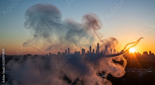 Silhouette of a person with a flaming torch performing a fire dance in an urban skyline at sunset with smoke effects