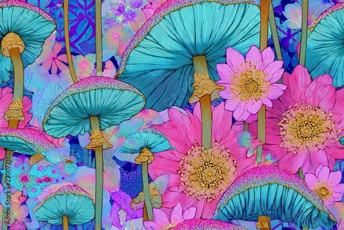 Whimsical psychedelic mushrooms and flowers in vibrant turquoise, pink, and purple with intricate line patterns and seamless composition